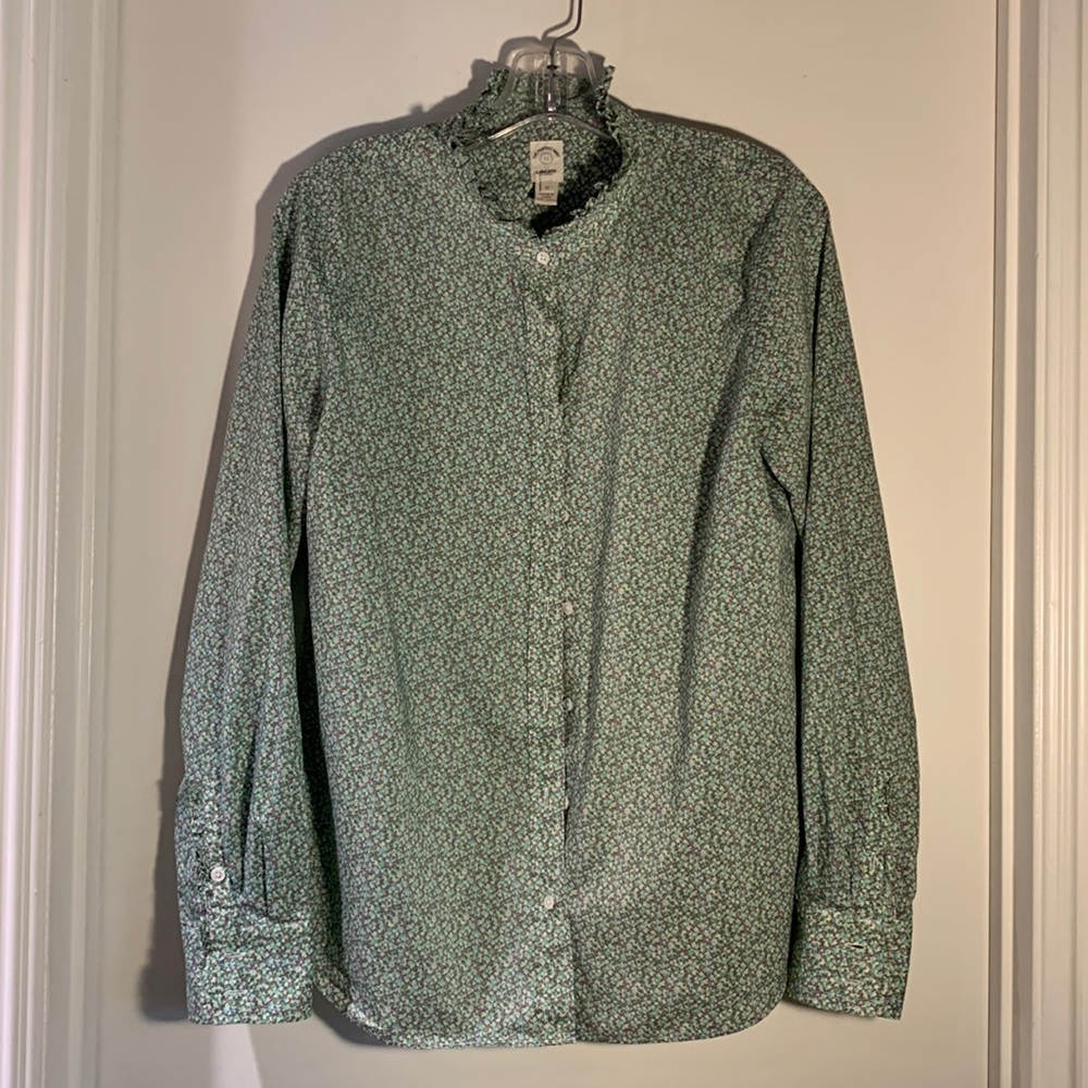 J CREW LIBERTY print shirt. Overall soft green with dots of pink, white, wine 12